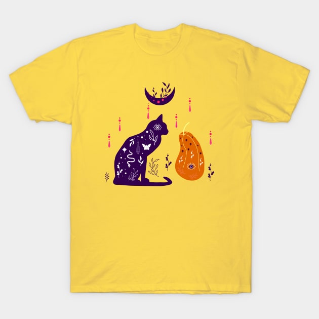 Magical illustration with pumpkin, moon, black cat T-Shirt by Nataliia1112